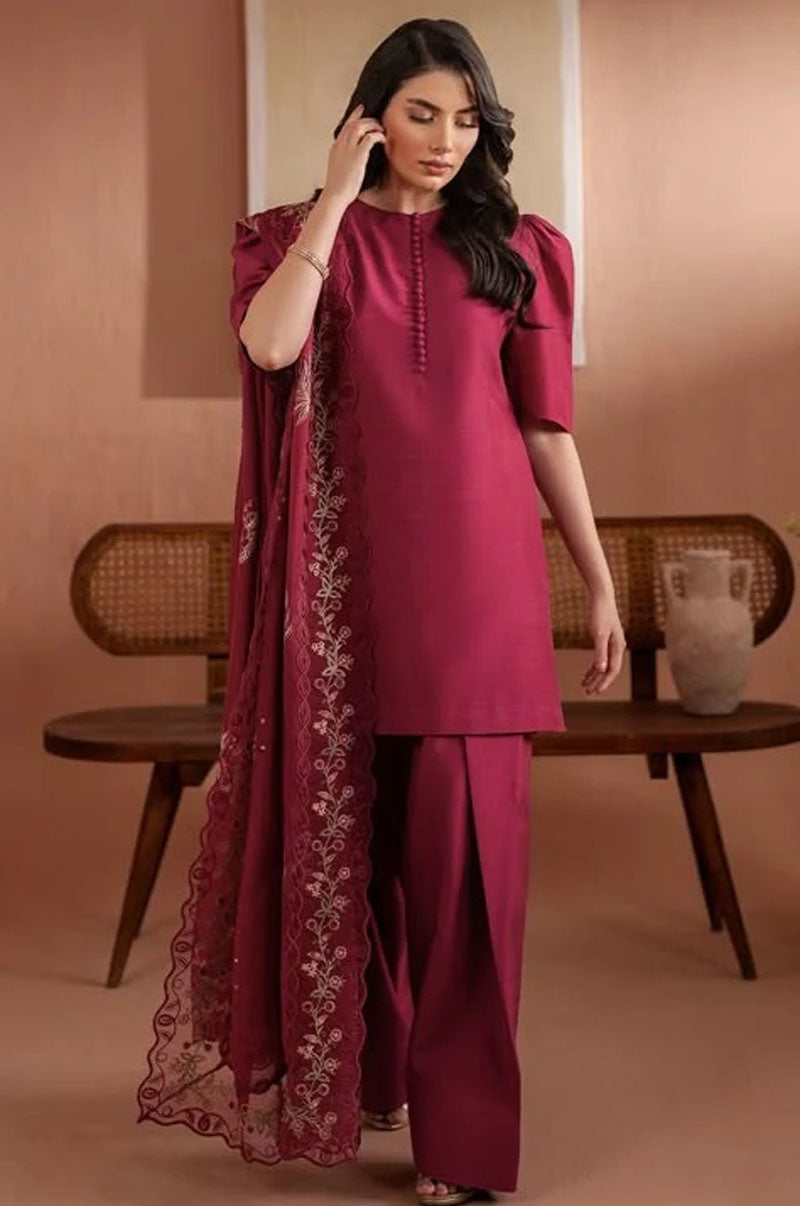 Ruby Royale luxury raw silk three piece suit with embroidered dupatta by Sony Rehman